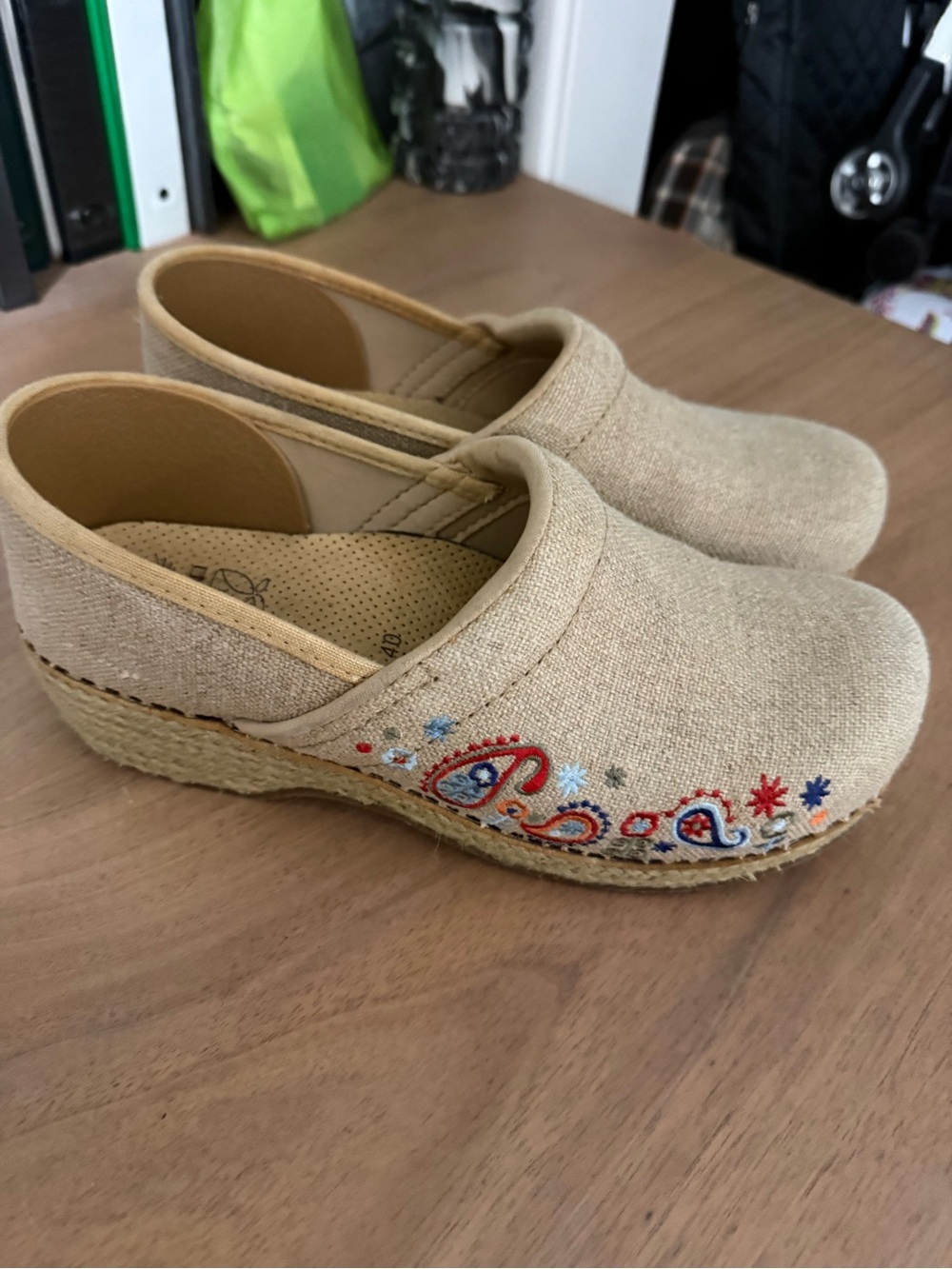 Dansko Beige Espadrille Wedge Clogs with Multicolor Embroidery